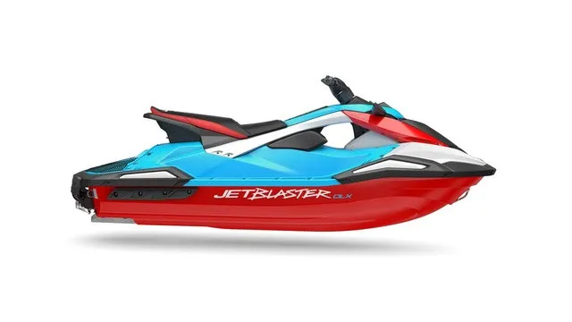 Slide: The Image of The 2027 Yamaha WaveRunner JetBlaster DLX 3-Up is a sporty jet ski in blue and red. - 2