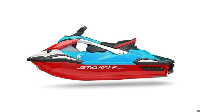 Slide: The Image of The 2027 Yamaha WaveRunner JetBlaster DLX 2-Up is a sporty jet ski in red and blue. - 6