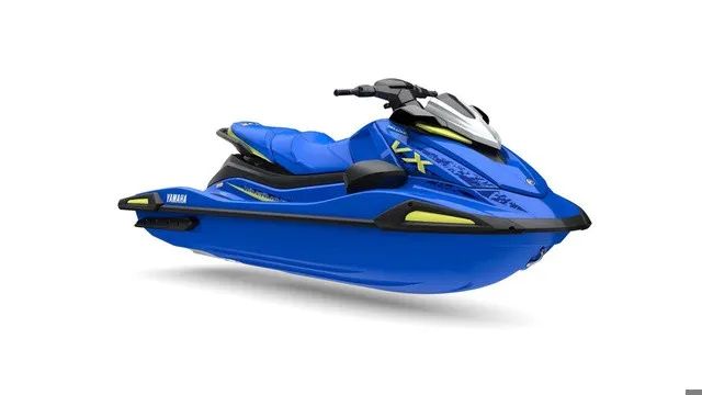 The Image of A blue Yamaha WaveRunner VX Deluxe jet ski with a sporty design and yellow accents. - 1