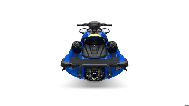 Slide: The Image of A blue 2027 Yamaha WaveRunner VX Deluxe, viewed from the rear, with black seat and speakers. - 4