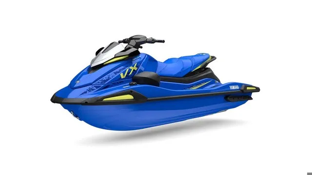 Slide: The Image of A blue Yamaha WaveRunner VX Deluxe jet ski with a sporty design and yellow accents. - 6