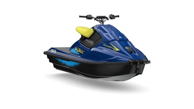 The Image of A blue Yamaha WaveRunner Waveblaster with a yellow seat, sporty design, and black underbody. - 1