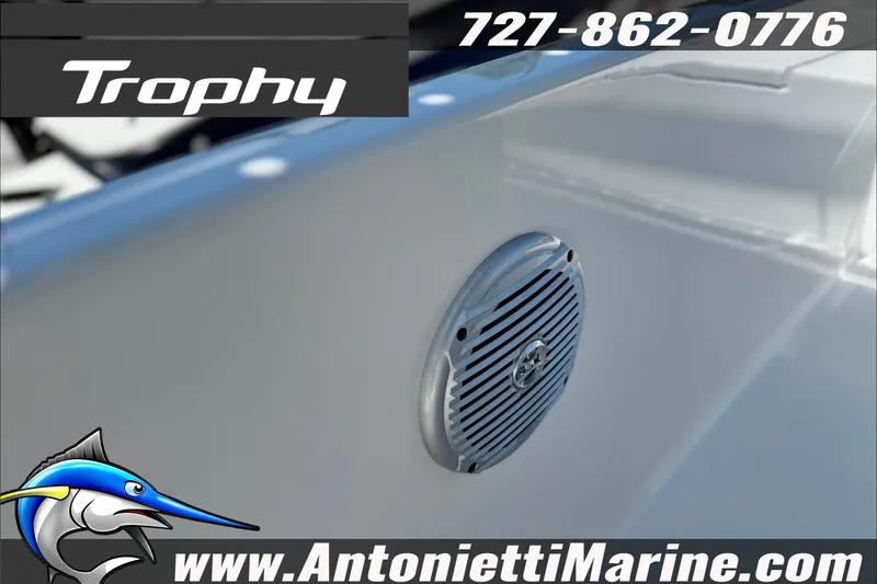 Slide: The Image of 2027 Bayliner Trophy T18 boat speaker detail with contact information and logo. - 20