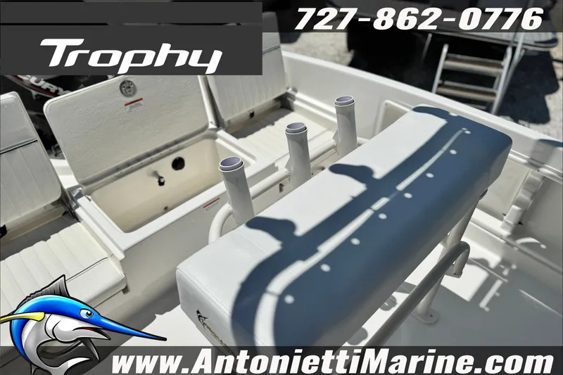 Slide: The Image of 2027 Bayliner Trophy T18 boat interior with seating and storage, featuring Antonietti Marine branding. - 15