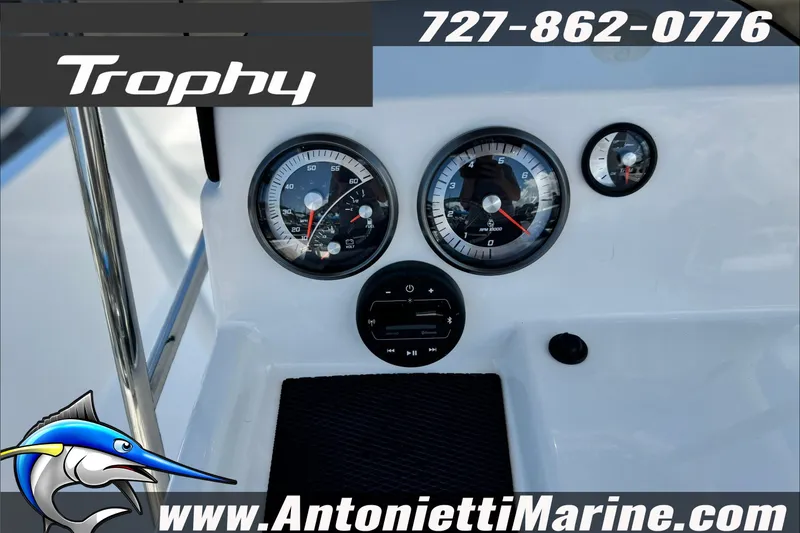 Slide: The Image of Dashboard of 2027 Bayliner Trophy T18 boat with gauges and controls. - 17