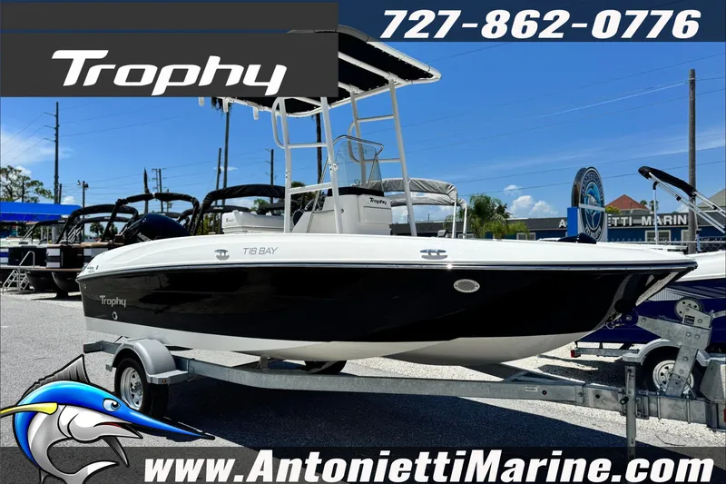 Slide: The Image of 2027 Bayliner Trophy T18 boat on trailer at Antonietti Marine dealership. - 3