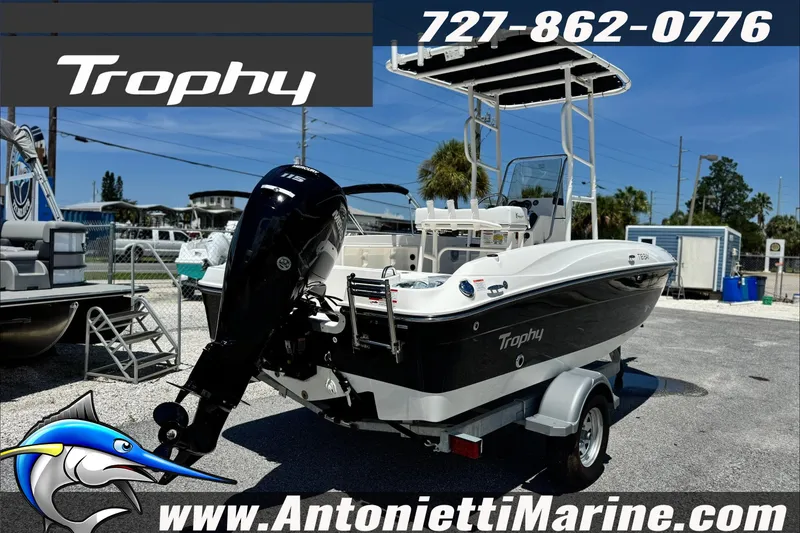 Slide: The Image of 2027 Bayliner Trophy T18 boat on trailer at Antonietti Marine dealership. - 5