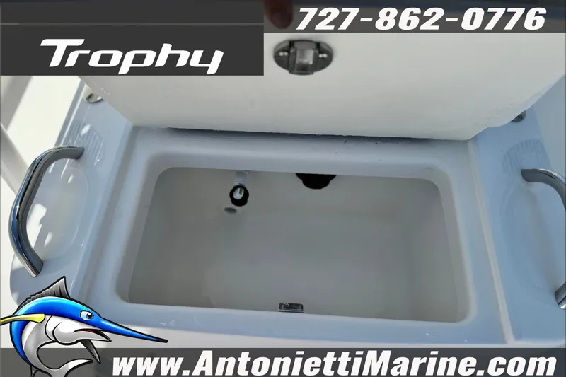 Slide: The Image of 2027 Bayliner Trophy T18 boat compartment with handles, featuring Antonietti Marine branding. - 11