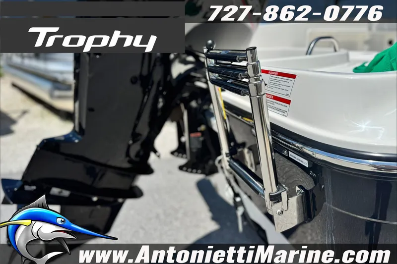 Slide: The Image of Bayliner Trophy T18 boat, 2027 model, featuring a sleek design and ladder detail. - 7
