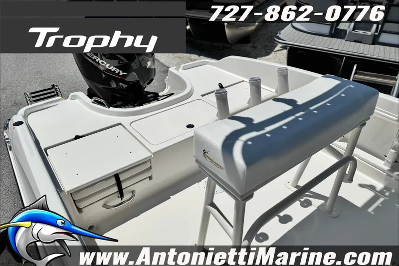 Slide: The Image of Bayliner Trophy T18 boat deck with Mercury engine, 2027 model, Antonietti Marine branding. - 13