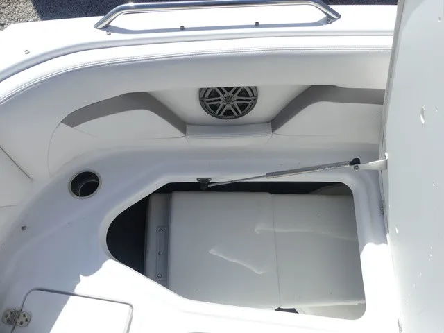 Slide: The Image of A white storage compartment in the boat with a speaker and a gas strut. - 21