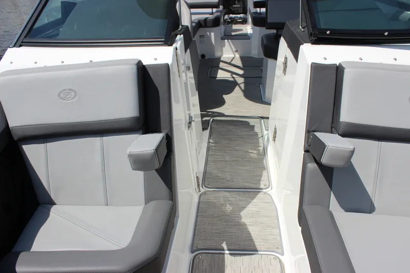 Slide: The Image of 2024 Cobalt R6 Outboard interior with gray seating and modern design. - 17