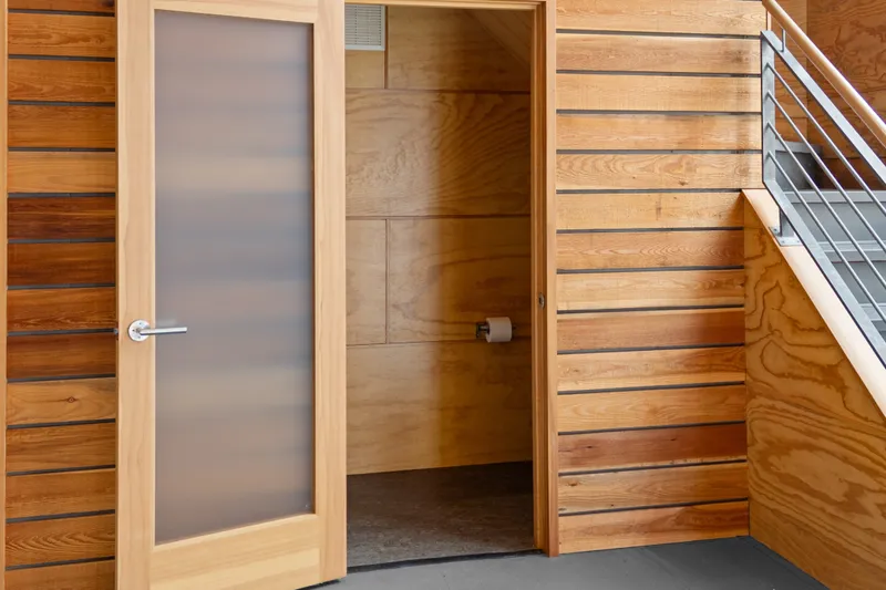 Slide: The Image of Wood-paneled interior with frosted glass door in 1969 Custom All Steel Boathouse. - 39