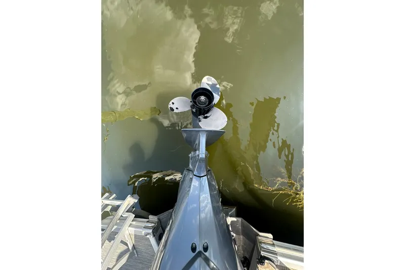 Slide: The Image of Propeller of 2021 Bennington L Bowrider 25 Swingback above murky water. - 6