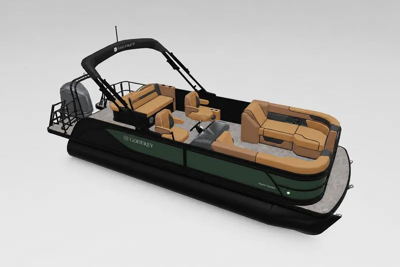 The Image of 2027 Godfrey Sweetwater 22' Tritoon with tan seating and sleek black accents. - 41