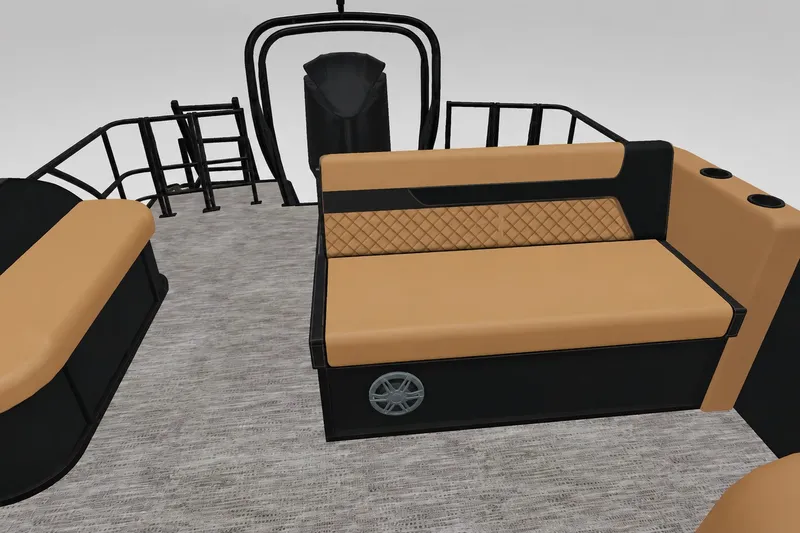 Slide: The Image of 2027 Godfrey Sweetwater 22' Tritoon interior with tan seating and black accents. - 50