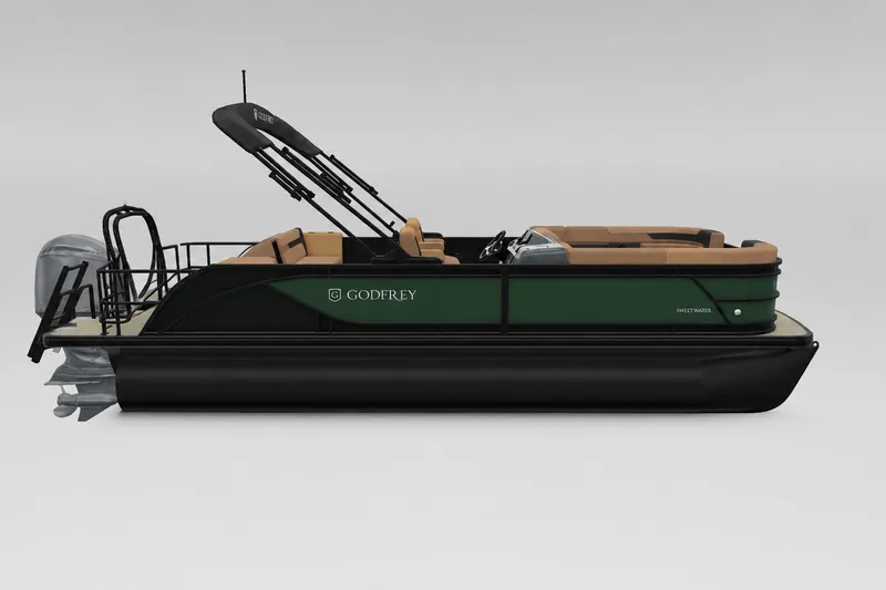 Slide: The Image of 2027 Godfrey Sweetwater 22' Tritoon boat with green and tan design, side view. - 44