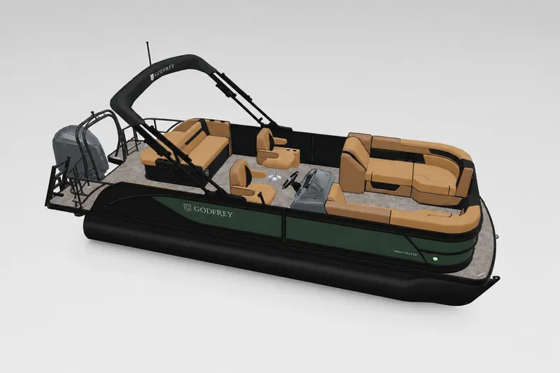 Slide: The Image of 2027 Godfrey Sweetwater 22' Tritoon with tan seating and sleek black design. - 42