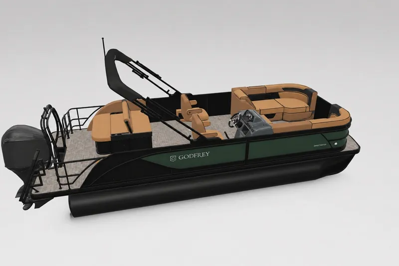 Slide: The Image of 2027 Godfrey Sweetwater 22' Tritoon with tan seating and sleek black design. - 43