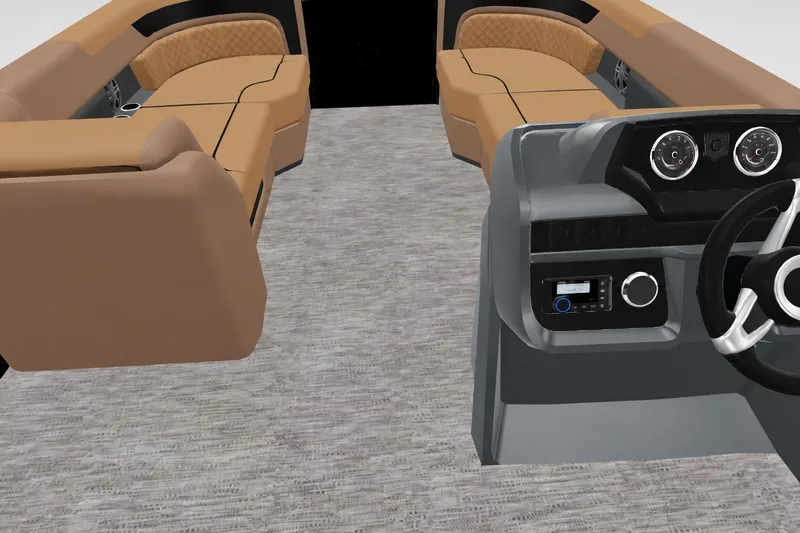 Slide: The Image of Interior view of 2027 Godfrey Sweetwater 22' Tritoon with luxurious seating and modern dashboard. - 49