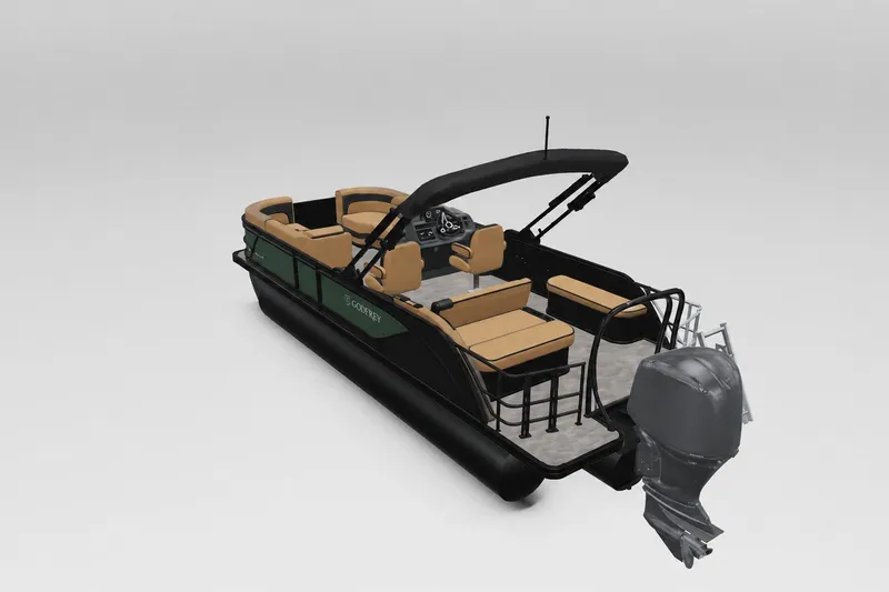 Slide: The Image of 2027 Godfrey Sweetwater 22' Tritoon with tan seating and black frame, rear view. - 46