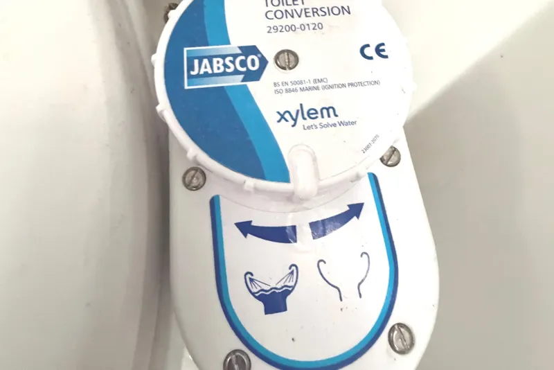 Slide: The Image of Jabsco toilet conversion kit on Beneteau Antares 27, 2021 model, featuring Xylem branding. - 31