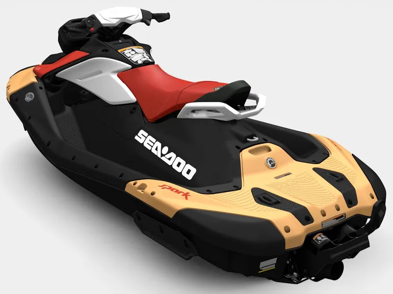 Slide: The Image of A Sea-Doo Spark jet ski with a red seat and yellow accents, featuring iBR and audio option. - 4