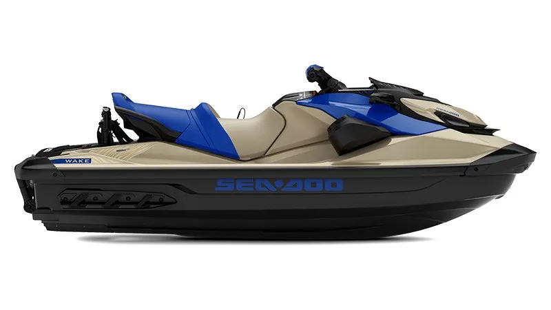 The Image of A 2026 Sea-Doo Wake 170 jet ski with blue and beige design, featuring premium audio. - 1