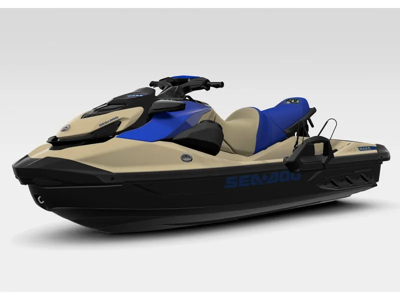 Slide: The Image of Sea-Doo Wake 170 jet ski with blue and beige design and premium audio system. - 4