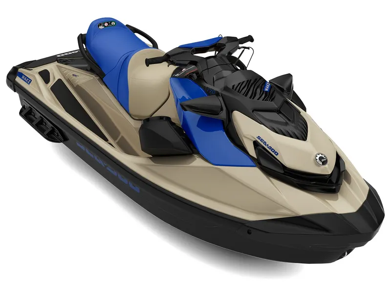 Slide: The Image of A Sea-Doo Wake 170 jet ski in blue and beige with premium audio and iDF, iBR technology. - 2
