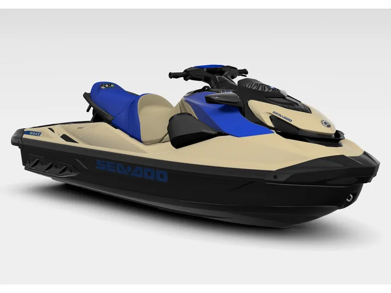 Slide: The Image of A Sea-Doo Wake 170 jet ski with a blue and beige design and premium audio system. - 3