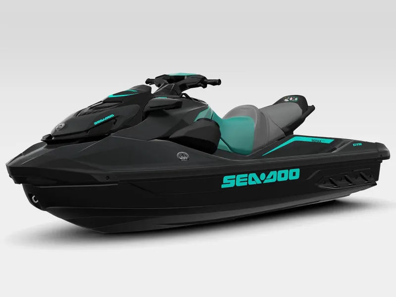 Slide: The Image of A black Sea-Doo GTR 230 jet ski with turquoise accents and seat, model year 2026. - 3