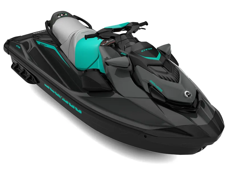 Slide: The Image of A modern Sea-Doo GTR 230 jet ski in black and turquoise, featuring a sporty design and ergonomic seating. - 2