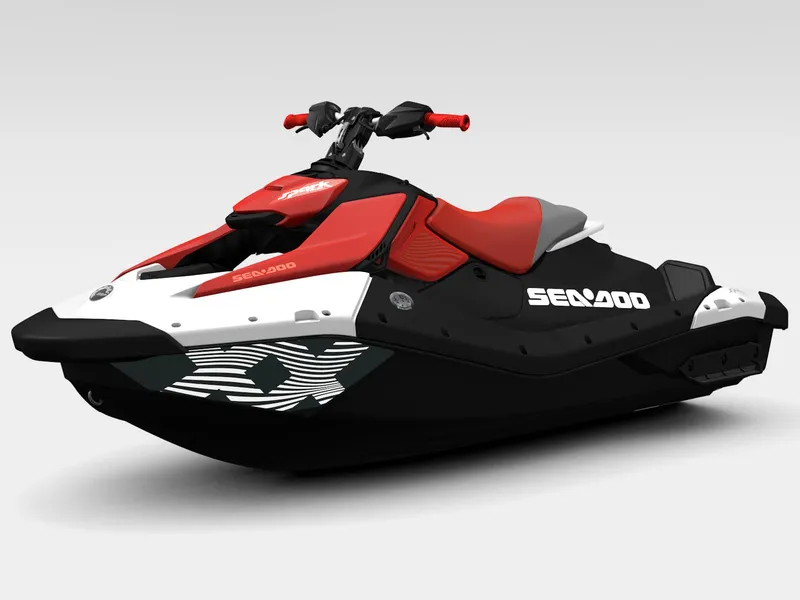 Slide: The Image of A Sea-Doo Spark Trixx jet ski in red and black with a sporty design and ergonomic seat. - 3