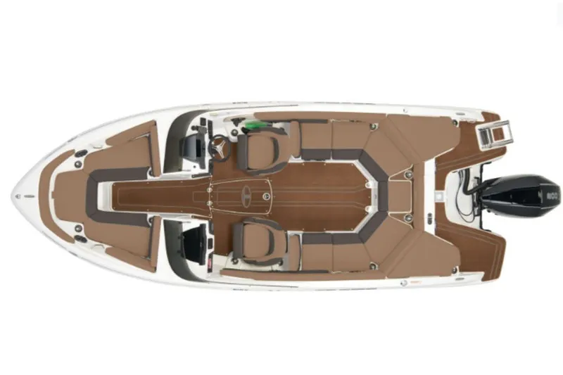 Slide: The Image of Overhead view of 2027 Tahoe 210 S boat with brown seating and sleek design. - 1