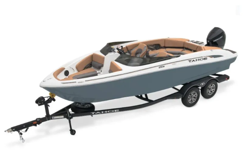 Slide: The Image of 2027 Tahoe 210 S boat on trailer, featuring sleek design and modern seating. - 2
