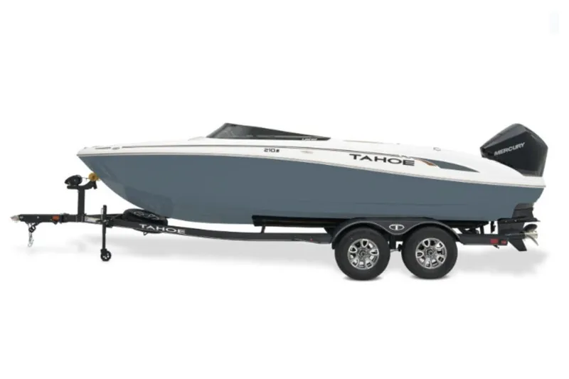 The Image of 2027 Tahoe 210 S boat on trailer, side view, sleek design. - 0