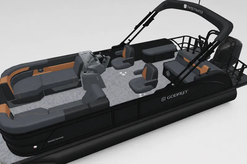 Slide: The Image of 2027 Godfrey Sweetwater 22' Tritoon with sleek black and orange seating design. - 58