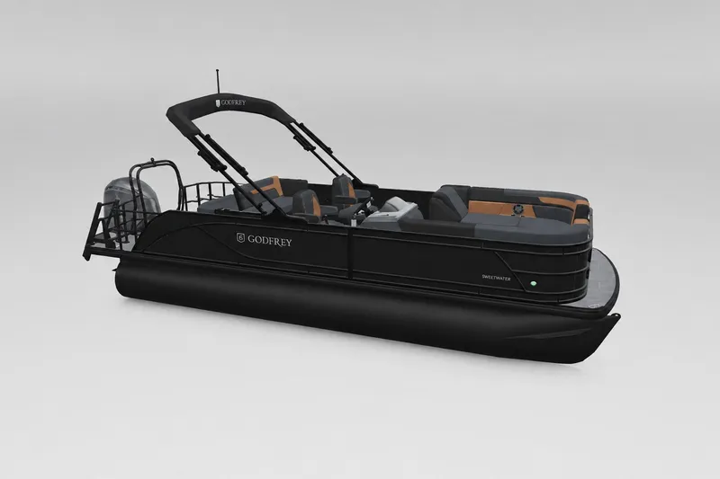 Slide: The Image of 2027 Godfrey Sweetwater 22' Tritoon boat with sleek black design and comfortable seating. - 52