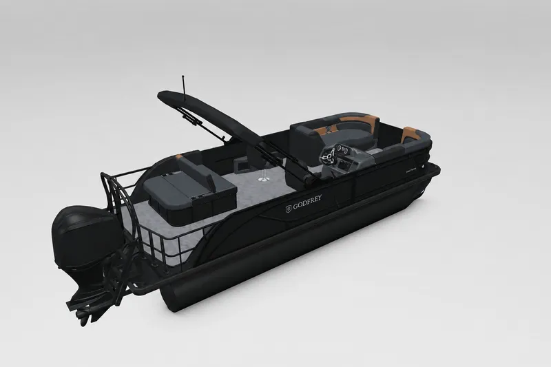 Slide: The Image of 2027 Godfrey Sweetwater 22' Tritoon boat with sleek black design and spacious seating. - 55