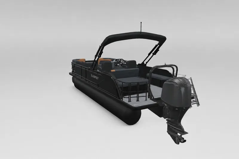 Slide: The Image of 2027 Godfrey Sweetwater 22' Tritoon boat with single flip lounge, rear view. - 53