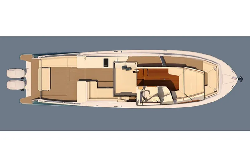 Slide: The Image of Top view of 2025 MJM 4 boat layout with twin engines. - 49