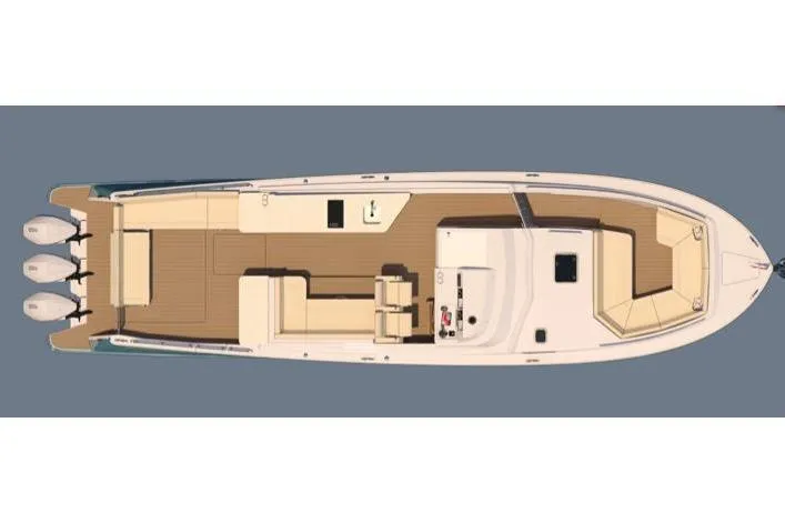 Slide: The Image of Top view of 2025 MJM 4 boat with triple engines and spacious deck layout. - 48