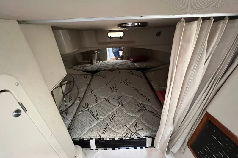 Slide: The Image of Interior cabin of 2006 Grady-White Express 330 with bamboo-patterned bedding. - 34