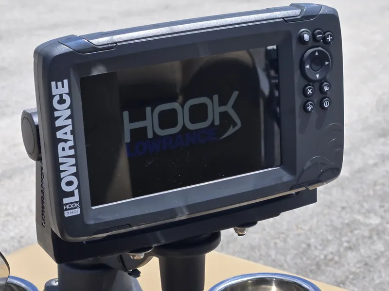 Slide: The Image of A Lowrance HOOK fish finder mounted on a boat. - 20