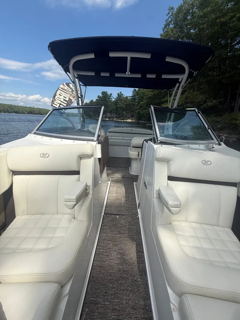 Slide: The Image of The image shows the interior of a 2021 Cobalt R3 boat with white seats and a blue sunshade. - 3