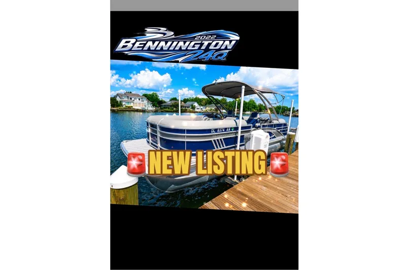 The Image of 2022 Bennington L 24 Quad Bench pontoon boat, new listing, docked by scenic waterfront. - 1