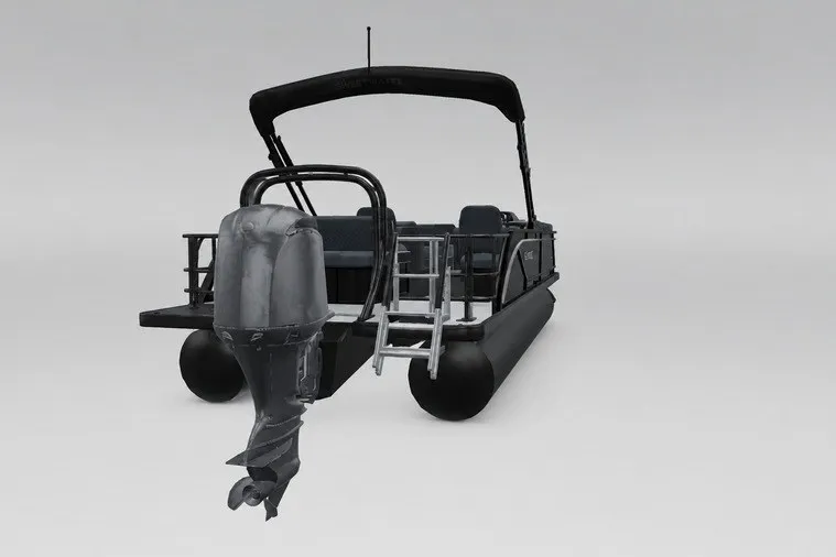 Slide: The Image of 2027 Godfrey Sweetwater 22' Tritoon with outboard motor and seating, rear view. - 100