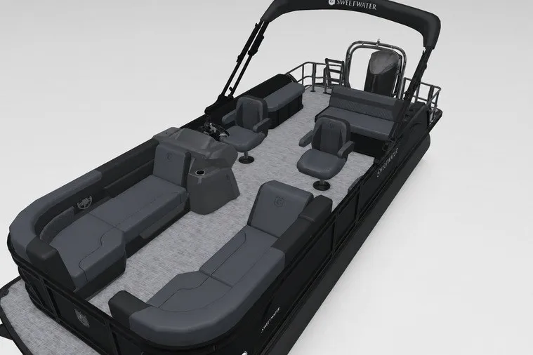 Slide: The Image of 2027 Godfrey Sweetwater 22' Tritoon with sleek seating and modern design. - 98