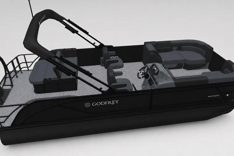 Slide: The Image of 2027 Godfrey Sweetwater 22' Tritoon with single flip lounge, sleek black design. - 97